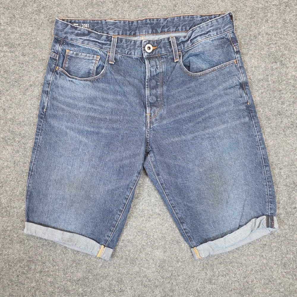 G-Star Raw 3301 Denim Shorts Mens 33 Blue Straight Leg Button Fly